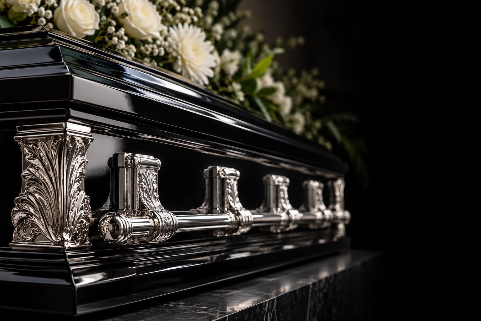 Black lacquered casket with polished silver handles and white flowers